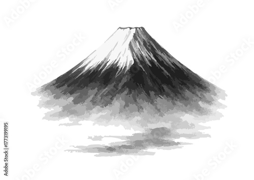 富士山-水墨画風モノトーンイラスト