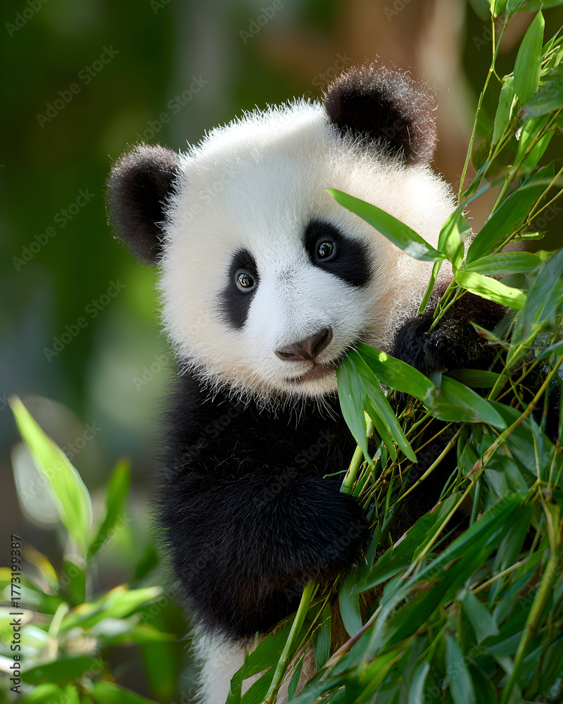 Fototapeta premium Adorable Baby Panda Munching on Bamboo Leaves in Lush Greenery.