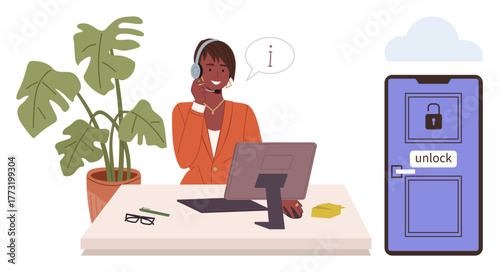Customer service agent at a desk with headset, computer, and unlockable door concept. Ideal for communication, problem-solving, helpdesk, customer outreach, remote assistance, security