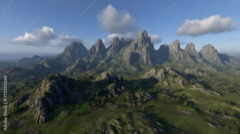 Fototapeta premium Dramatic Mountain Range Landscape with Green Hills and Cloudy Sky.