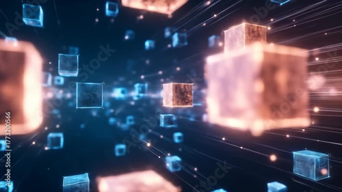 Abstract digital cubes connecting across space with light effects