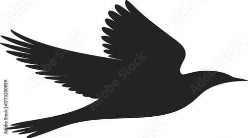 Black silhouette vector illustration of flying bird in motion, elegant wing spread shape design, freedom concept, wildlife and nature artwork.