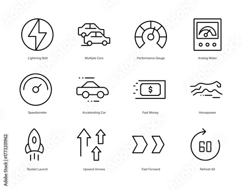 Speed Performance and Acceleration Line Icons Set