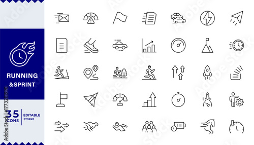 Pixel Perfect, Running & Speed icon set. Containing fast, slow, movement, productivity, turbo, speeding, gauge, express and speedometer icons. Outline icon collection.