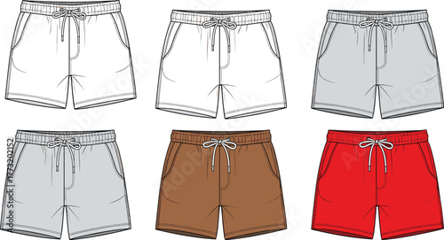 Men’s drawstring shorts fashion flat, front view, pocket detail, waistband stitch, color variation, cad drawing flat vector illustration