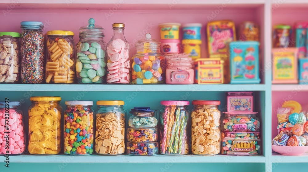 Obraz premium Colorful Assortment of Junk Food Snacks on Shelf for Sweet Tooth