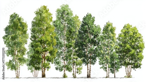 Collection of Vibrant Green Birch Trees Isolated on White Background