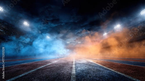 Dynamic Evening Stadium Race Scene with Illuminated Track and Smoke