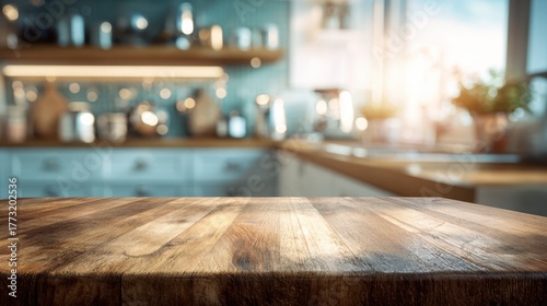 Empty Brown Wooden Tabletop in Modern Kitchen with Blurred Background
