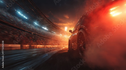 Dynamic Racing Car at Night in Smoky Stadium Setting