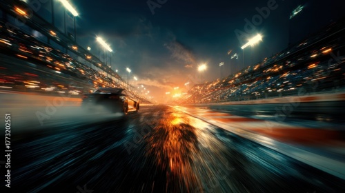 Dynamic Nighttime Car Racing in Smoky Stadium Setting