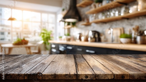 Empty Brown Wooden Tabletop in Modern Kitchen with Blurred Background