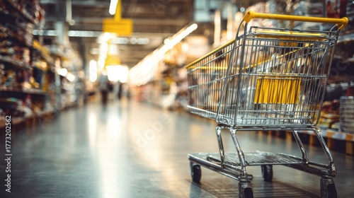 Bright Supermarket Aisle with Empty Shopping Cart in View