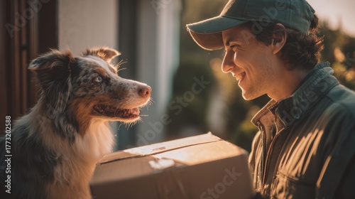 Friendly Delivery Person Handing Package to Eager Dog at Sunset