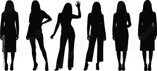 Stylish woman silhouettes in various poses wearing modern fashion outfits, elegant high heels, standing and posing vector illustration design isolated.