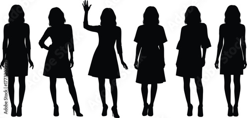 Stylish women silhouettes in different poses wearing elegant dresses and heels, modern vector illustration for fashion, design, and lifestyle concept.v