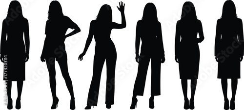 Stylish women silhouettes in modern poses wearing elegant outfits and high heels, minimalist vector design for fashion and lifestyle illustration.