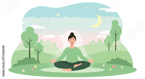 Vector illustration of a woman in a lotus pose meditating in a tranquil outdoor setting. Ideal for themes of mental health, wellness apps, self-care, and achieving inner peace.