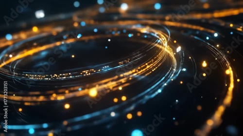 Abstract digital data stream with glowing particles on dark background