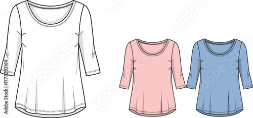 Women's scoop neck top, three quarter sleeve blouse, fashion flat sketch, technical garment drawing, casual wear, cad drawing flat vector illustration