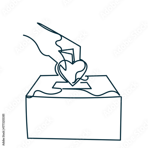 continuous line drawing hand put love heart in the jar box illustration in hand drawn doodle
