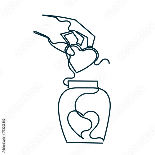 continuous line drawing hand put love heart in the jar box illustration in hand drawn doodle