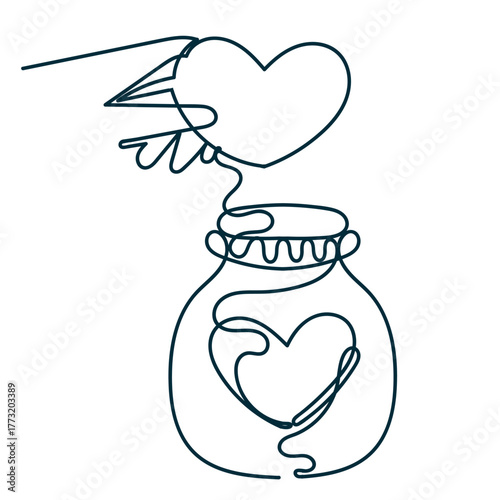 continuous line drawing hand put love heart in the jar box illustration in hand drawn doodle