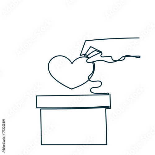 continuous line drawing hand put love heart in the jar box illustration in hand drawn doodle