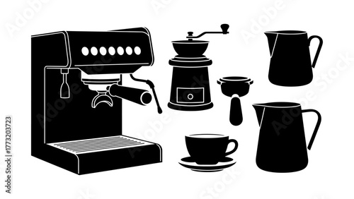 Set of black silhouette icons for a coffee shop, including espresso machine and barista tools