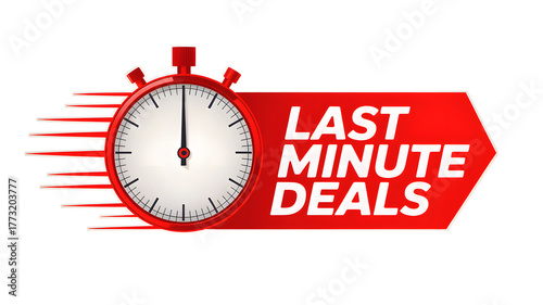 A red stopwatch with motion lines and a red arrow that says last minute deals on a black background