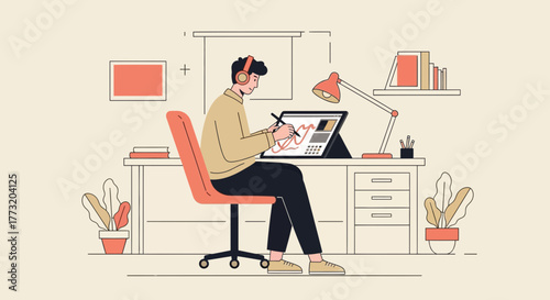 Creative Professional Working On Graphics Design Project In Modern Workspace illustration Style
