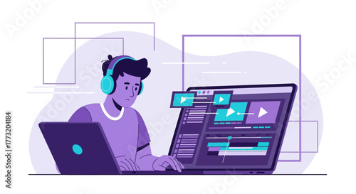 Creative Professional Working On Video Editing Project With Laptop and Headphones