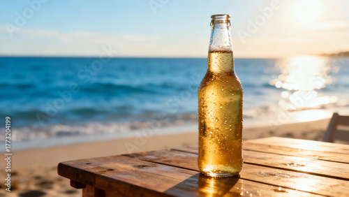 Refreshing cold beer bottle with condensation on a rustic wooden table, overlooking a serene beach and golden hour ocean sunset.