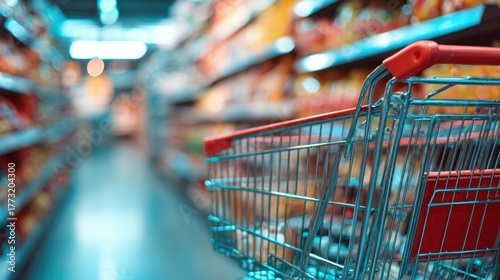 Vibrant Supermarket Aisle with Shopping Cart in Soft Focus