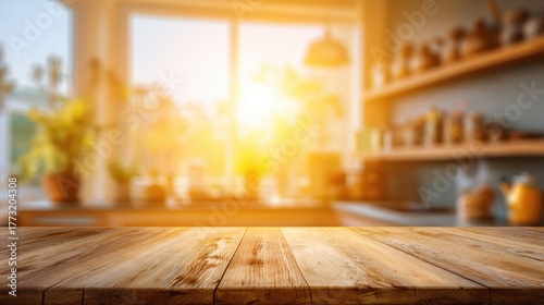 Sunlit Wooden Tabletop with Blurred Kitchen Background Setting