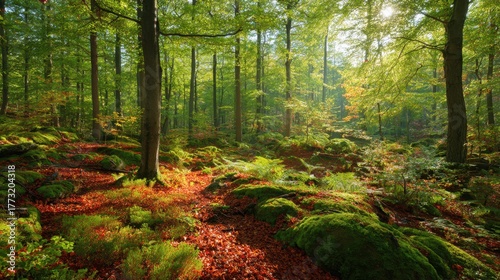 Sunlit Beech Forest in Southern Sweden with Lush Green Foliage