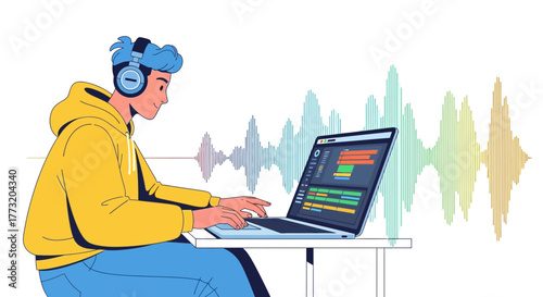 Creative Audio Production Young Man Working With Laptop And Headphones On White Background