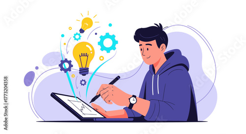 Creative Design Process Illustration of a Man with Digital Tablet and Bright Lightbulbs