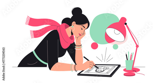Creative Woman Illustrating Digital Art with Lamp and Artistic Elements on White Background
