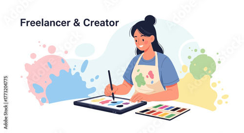 Digital Art Creator Illustrating Concept with Vibrant Color Palette and Tablet Innovation