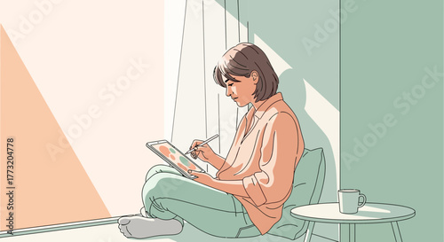 Digital Artist At Work Painting On Tablet, Home Illustration Of Daydreaming Woman