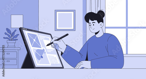 Digital Artist Crafting Designs on Tablet Creating Modern Online Content Visuals