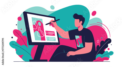 Digital Artist Crafting Graphic Designs With Modern Abstract Aesthetic Composition