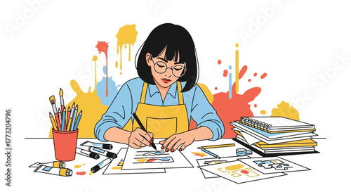 Creative Process Depicted In Illustration: An Artist At Work Concept Illustration