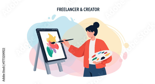 Digital Artist Using Tablet Paints Colorful Graphics Illustrating Creative Freelancer Activity