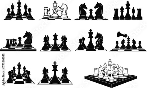 Stylized chessboard illustrations with dynamic piece arrangements, showcasing strategy, motion, black-and-white design, and artistic game scene diversity