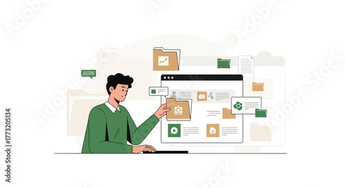 Illustration Of A Man Managing Digital files On A Website And Data Organization