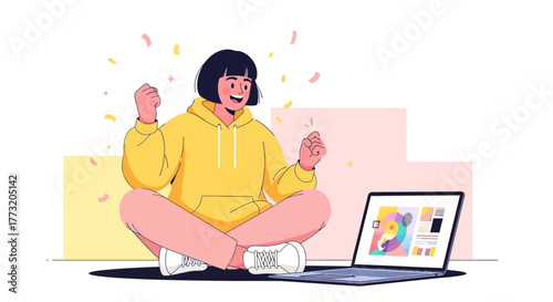 Excited Female Celebrates Success After Seeing Project Completion on Laptop Display