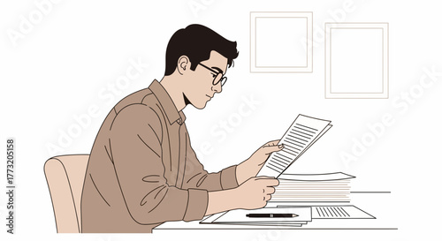 Focused Individual Examines Documents, Immersed In Deep Research or Analysis Task