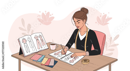 Fashion Designer Working On New Garments, Sketching Design Ideas And Making Selections